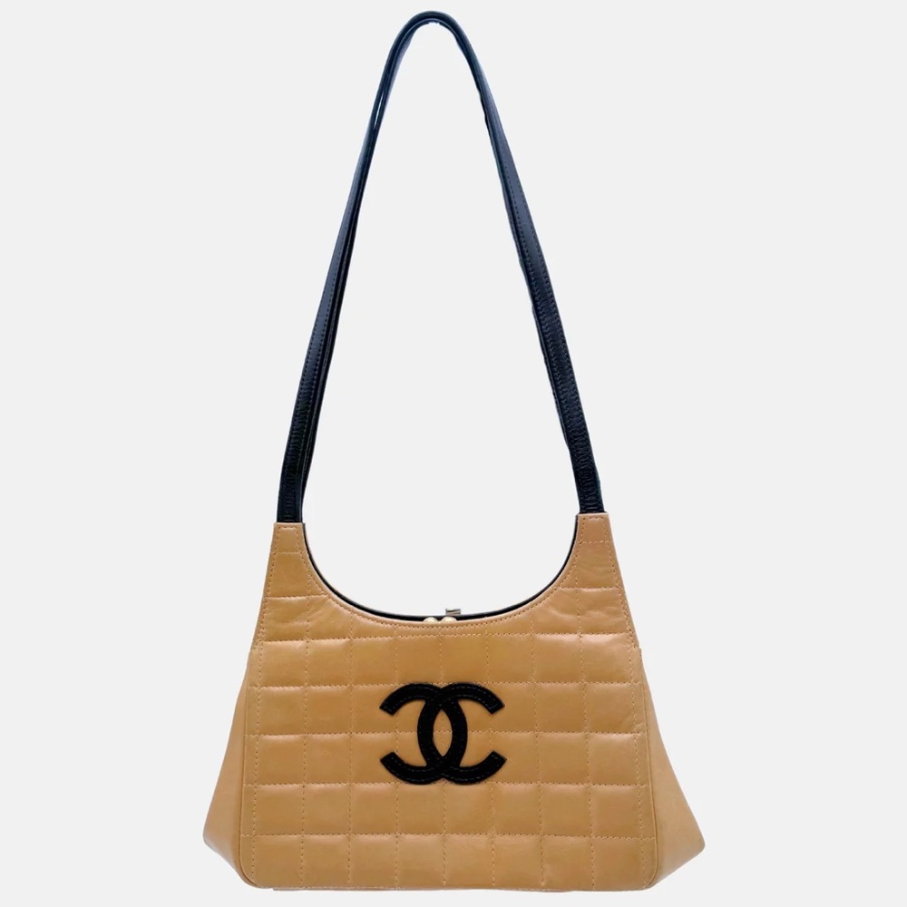 Chanel Chocolate Bar Quilted Leather Shoulder Bag Tan Black 2000 Vintage